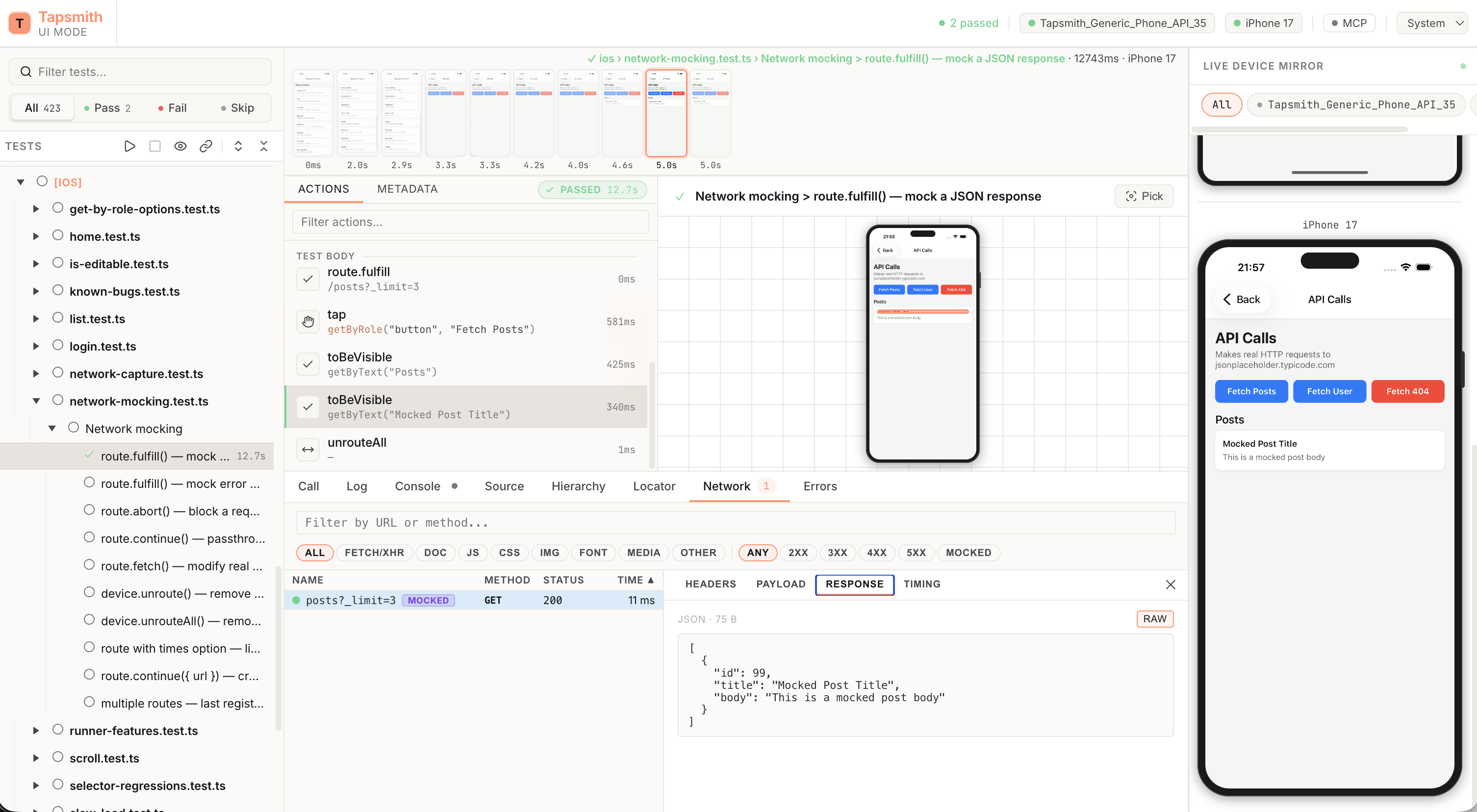 Tapsmith UI mode showing the interactive test runner with test list, live device mirror, and network inspection panel